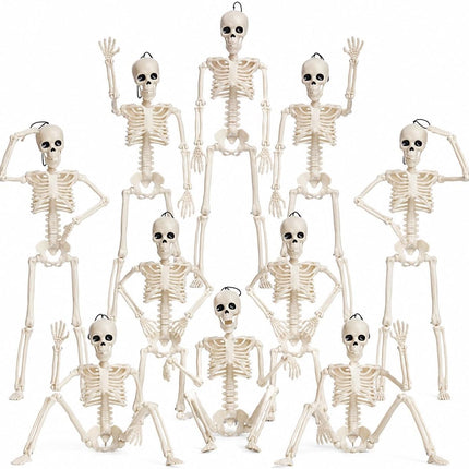 10-Pack 16in Posable Skeletons, Movable Joint Plastic Hanging Halloween Decor Props