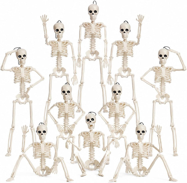 10-Pack 16in Posable Skeletons, Movable Joint Plastic Hanging Halloween Decor Props