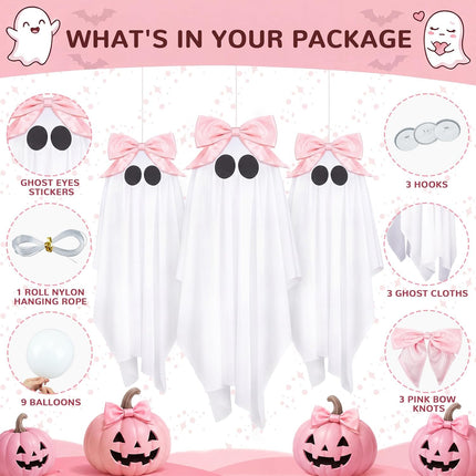 3-Piece 29.9in Pink Bow Halloween Hanging Ghosts, Cute Porch & Yard Party Decor