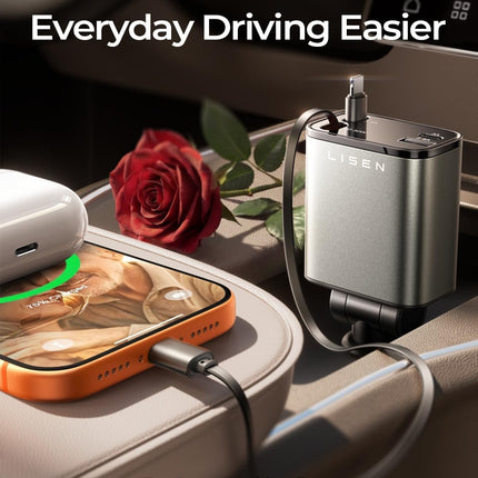 Retractable Car Charger – 69W USB C Fast Charger for iPhone & Samsung, Gifts for Him