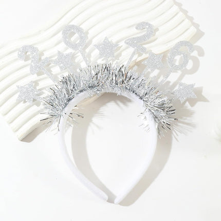 Happy New Year 2026 Headband – Silver Star Glitter Hair Band for Party