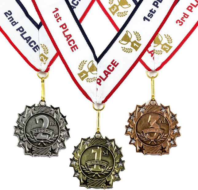 3 Piece Gold Silver Bronze Award Medals Set, 1st 2nd 3rd Place with Neck Ribbons