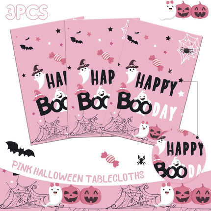 Pink Halloween Birthday Tablecloth, Happy BooDay Pumpkin Ghost Party Table Cover