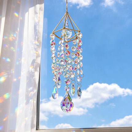 21.5" Crystal Suncatcher, Gold-Plated Glass Prism Rainbow Maker, Indoor Outdoor Window Decor