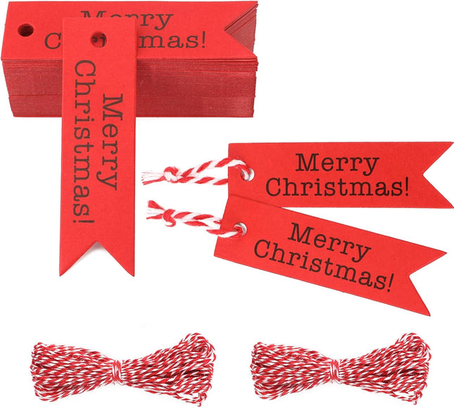 100PCS Merry Christmas Gift Tags – Red Holiday Labels with String for Crafts