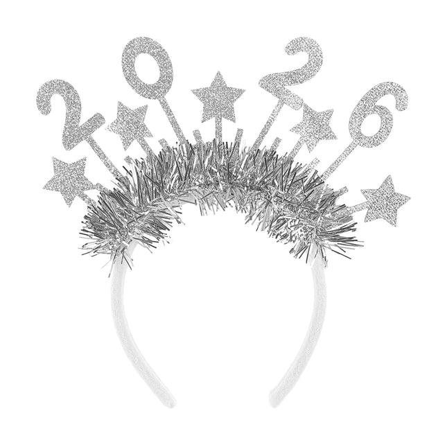 Happy New Year 2026 Headband – Silver Star Glitter Hair Band for Party