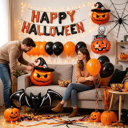 Happy Halloween Balloon Banner, Orange Black Bat & Pumpkin Balloons Party Decor