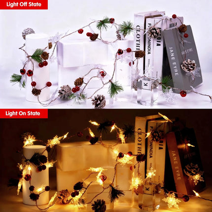10Ft Christmas Garland Lights 30 LED Warm White String Lights, Pinecone & Red Berries