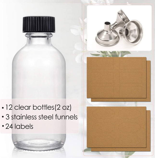 12-Pack 2oz Clear Glass Bottles – Lids & Funnels, Mini Travel Bottles