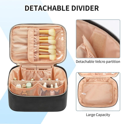 Large Makeup Bag, Portable Cosmetic Travel Case with Handle & Divider, Black