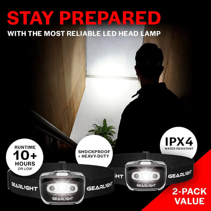 Battery Powered LED Headlamps 2 Pack with Red Light and Adjustable Band