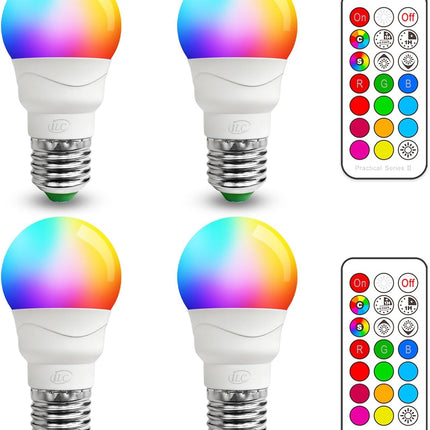 RGB LED Light Bulbs 4 Pack, A15 E26 40W Equivalent, 450LM, 12 Colors, Remote