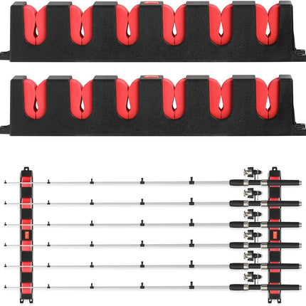Wall-Mounted Fishing Rod Holders – 1 Pair, Holds 6 Rods, Red 13.6"