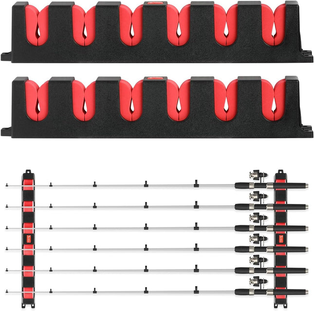 Wall-Mounted Fishing Rod Holders – 1 Pair, Holds 6 Rods, Red 13.6"