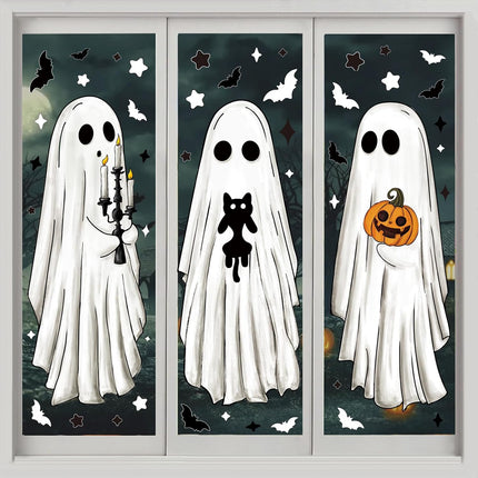 3-Sheet Large Halloween Ghost Window Clings, Bat Cat Pumpkin Glass Decals & Decor