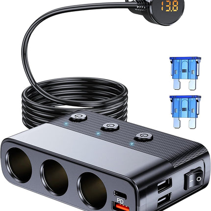 7-1 Car Cigarette Lighter Splitter, 12V/24V, PD30W, QC3.0, USB, Voltage Display