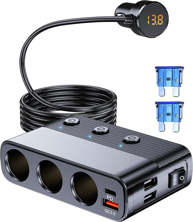 7-1 Car Cigarette Lighter Splitter, 12V/24V, PD30W, QC3.0, USB, Voltage Display
