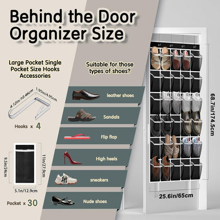 Over Door Shoe Organizer 30 Mesh Pockets, Large Hanging Closet Storage Rack
