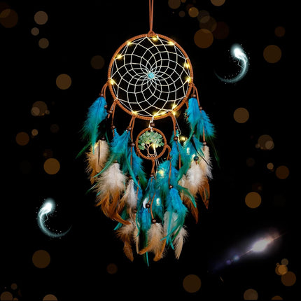 Blue Tree of Life Dream Catcher with Feathers, Quartz Beads and LED Fairy Lights