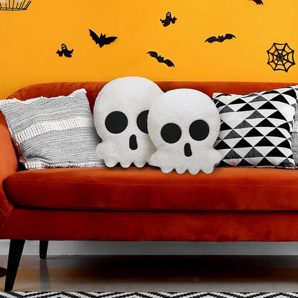 2-Piece Halloween Skull Skeleton Pillows, Crystal Velvet Gothic Decor, 14 & 12in