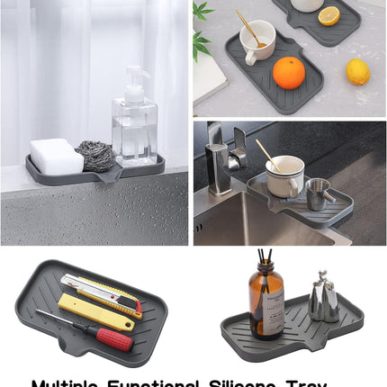 Silicone Soap Dish with Drain Spout – Bathroom & Kitchen Sink Organizer, Grey
