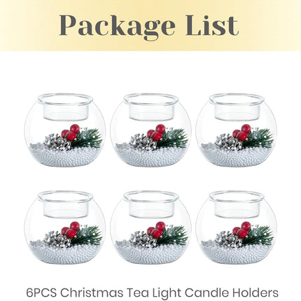 Christmas Candle Holders Set of 6 Glass Ball Holders Red Berry Pinecone Decorations