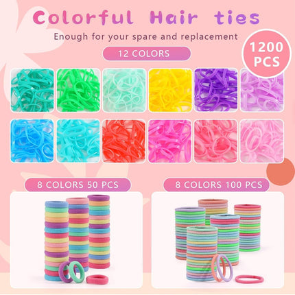 1350P Colorful Hair Ties & 72P Hair Clips Set for Girls – Organizer Box Included