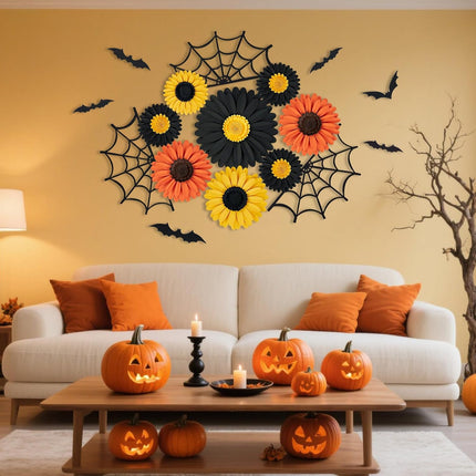 Halloween Office Decorations, 3D Bats, Spider Webs & Paper Flowers for Walls