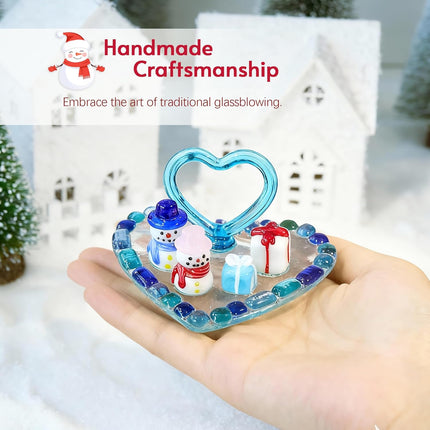 Christmas Snowman Figurine – Blue Blown Glass Ornament with Heart Base