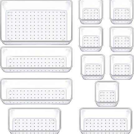 12 Pack Clear Drawer Organizers, 4 Sizes Storage Trays for Kitchen & Desk