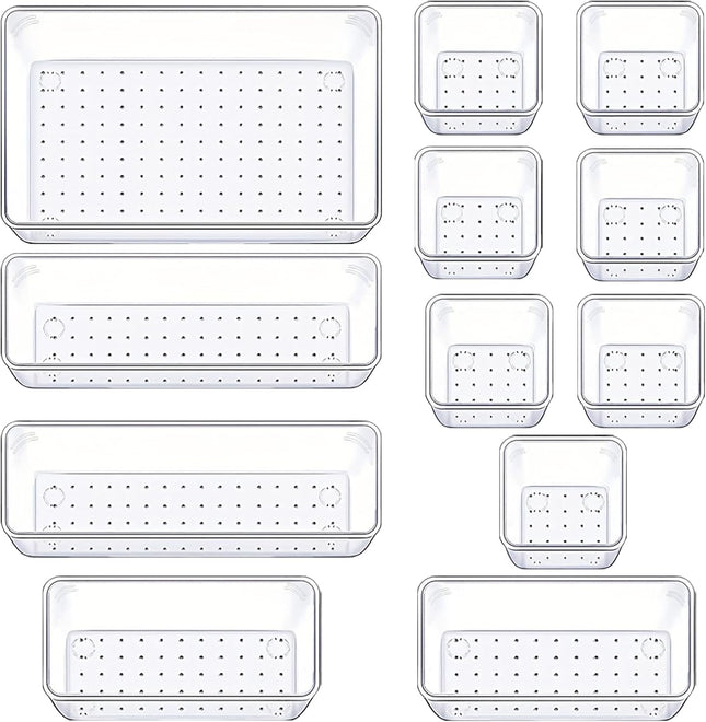12 Pack Clear Drawer Organizers, 4 Sizes Storage Trays for Kitchen & Desk