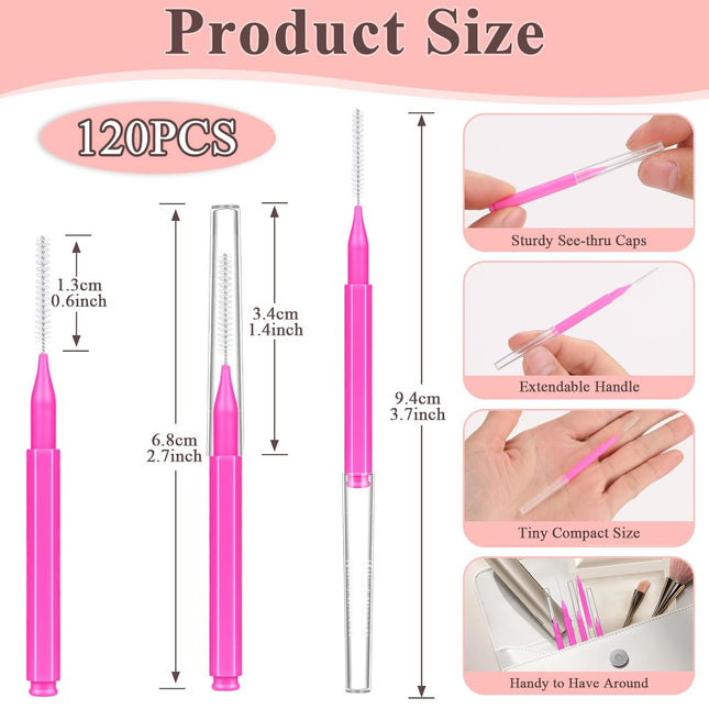 120-Pc Micro Eyebrow & Lash Brushes – Mini Spoolies with Cap, Rose