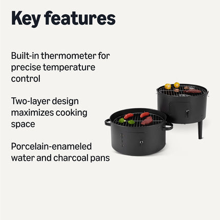 16-Inch Vertical Charcoal Smoker BBQ Grill, 2-Layer Outdoor Smoker with Thermometer, Black