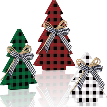 3PCS Rustic Wooden Christmas Tree Table Decor Farmhouse Buffalo Plaid