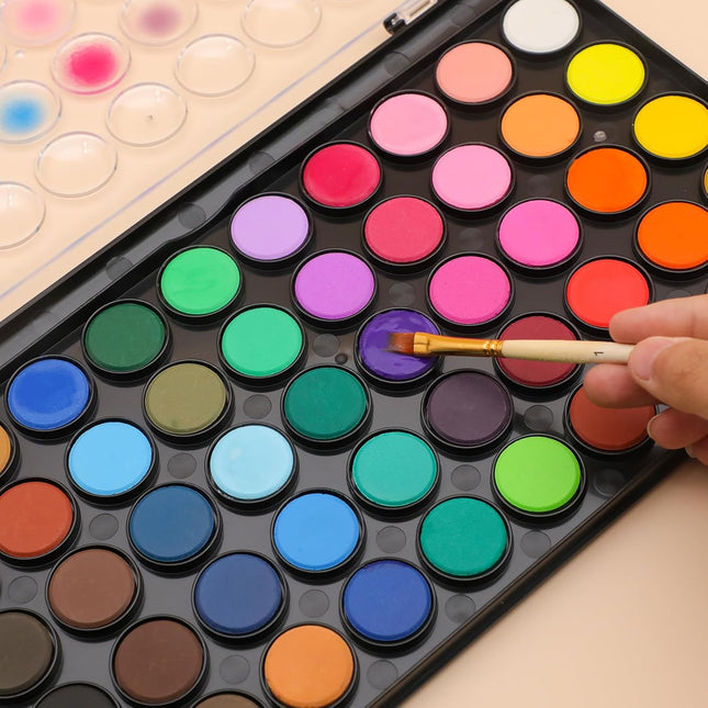 48-Color Watercolor Cake Set with 3 Brushes – Washable & Travel-Friendly