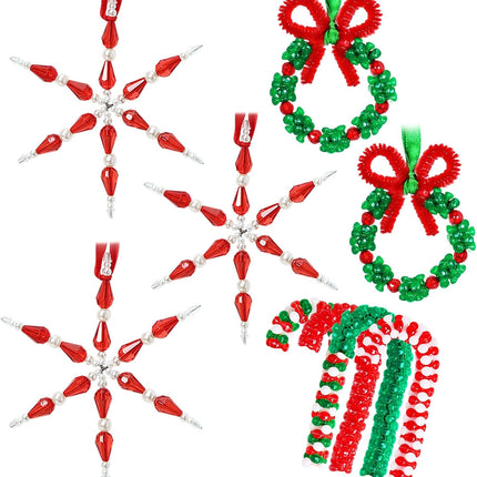 30PCS Christmas Beaded Ornament Kit – DIY Snowflake, Wreath & Candy Cane