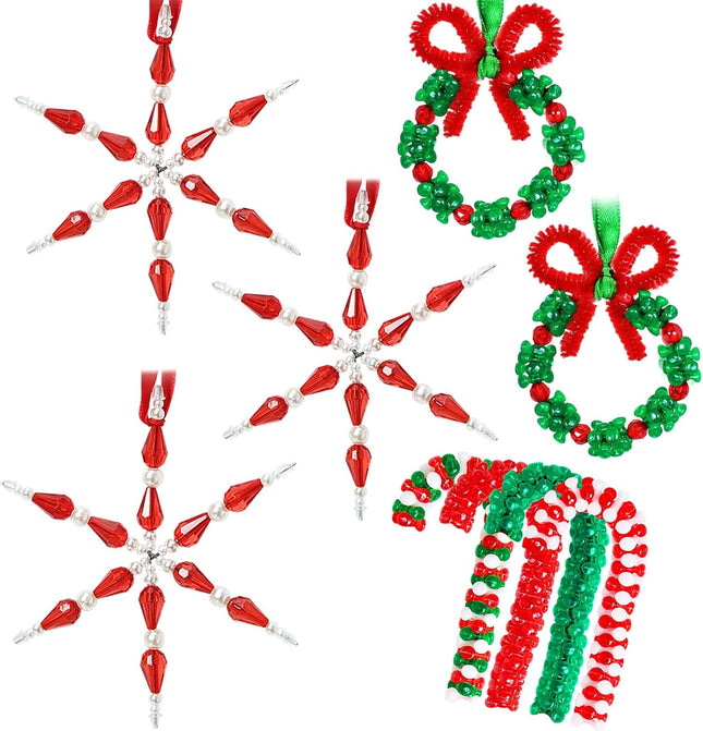 30PCS Christmas Beaded Ornament Kit – DIY Snowflake, Wreath & Candy Cane