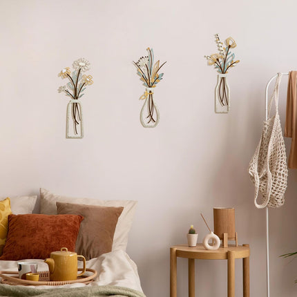 3Pcs Metal Flower Wall Art, Rustic Farmhouse Minimalist Decor, Beige Vase Set