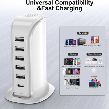 Upoy Multi-Device Charging Station – 5 USB + 1 USB-C Fast Charger Tower for Apple & Android