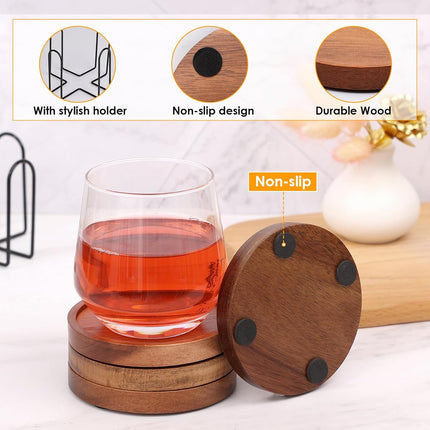 4-Piece Wooden Drink Coasters with Holder – Absorbent Table Protection Set
