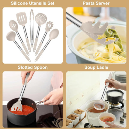 7 Pc Silicone Cooking Utensils Set Khaki Heat Resistant Stainless Steel Handle