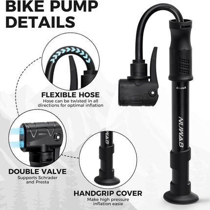 10in Bike Pump, 100PSI Portable Hand Bicycle Air Pump, Presta & Schrader Valve