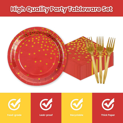 75PCS Red & Gold Party Plates and Napkins Set – Disposable Tableware for 25