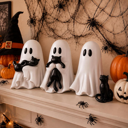 4-Piece 6in Halloween Ghost Cat Figurines, Cute Resin Gothic Tabletop Shelf Decor
