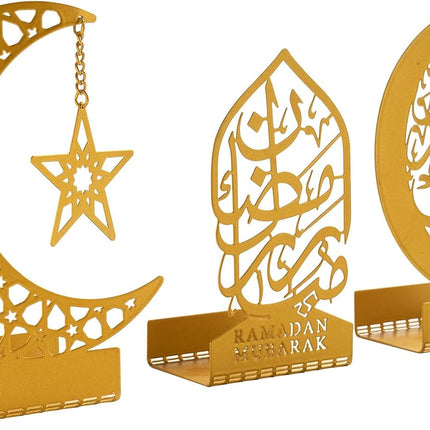 3 Pcs Gold Metal Ramadan Decor: Eid Mubarak Sign, Lantern & Crescent Candle Holders
