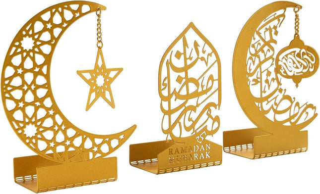 3 Pcs Gold Metal Ramadan Decor: Eid Mubarak Sign, Lantern & Crescent Candle Holders