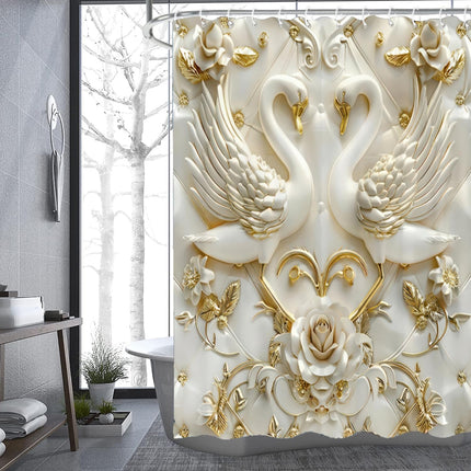 4 Pc White Swan Rose Bathroom Set, Shower Curtain, Bath Mat, Toilet Cover & Hooks