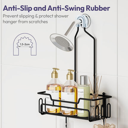 Black Stainless Steel Hanging Shower Caddy 2-Tier Rack with 14 Hooks and Soap Dish