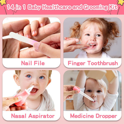 Complete Baby Essentials Kit: Pink 14-PC Grooming Set with Nail Clippers & Hair Brush