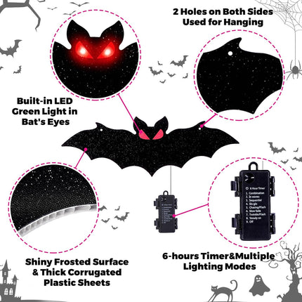 4-Piece Lighted Halloween Hanging Bats, Red Glow Eyes, Waterproof Indoor Outdoor Decor